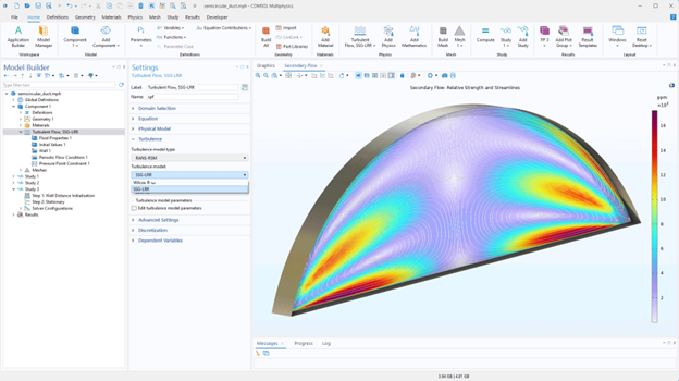 Streamlines and relative strength of secondary flow in a semicircular duct